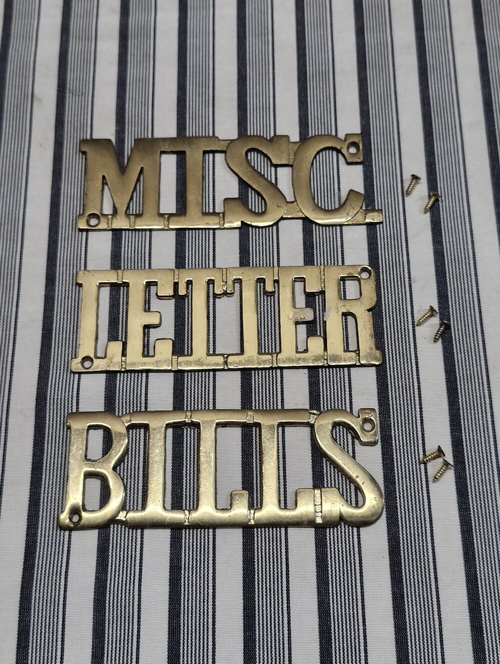 Vintage Brass Tone MISC LETTER BILLS Label Plaques Set of 3